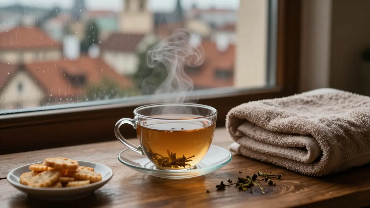 Taza de té humeante y toalla sobre mesa tras sesión de relajación en Praga