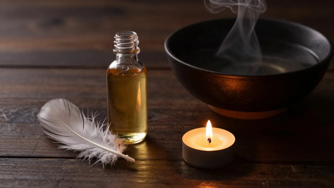 Aceite de masaje, pluma y vela en ambiente íntimo