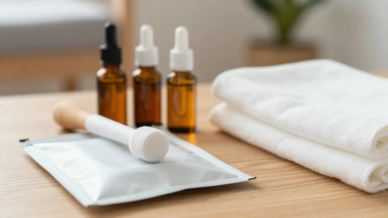 Kit profesional de masaje con aceites esenciales y lencería esterilizada sobre madera