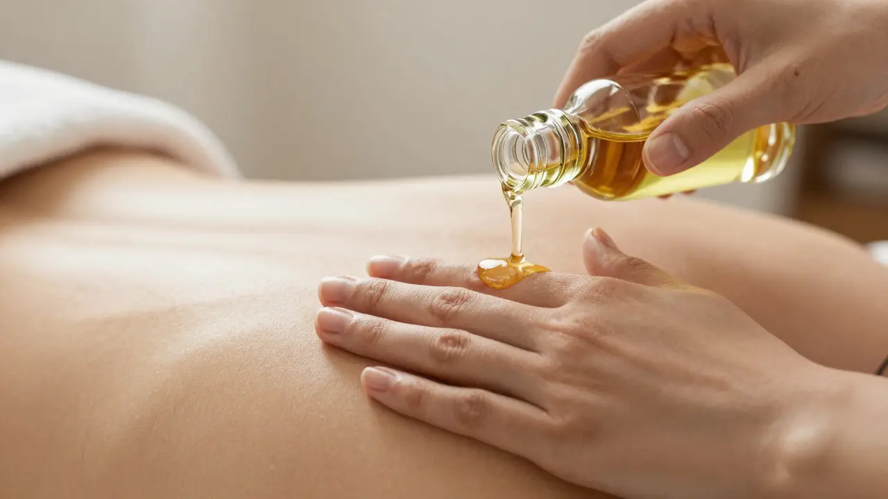 Manos aplicando aceite de masaje suavemente en la piel