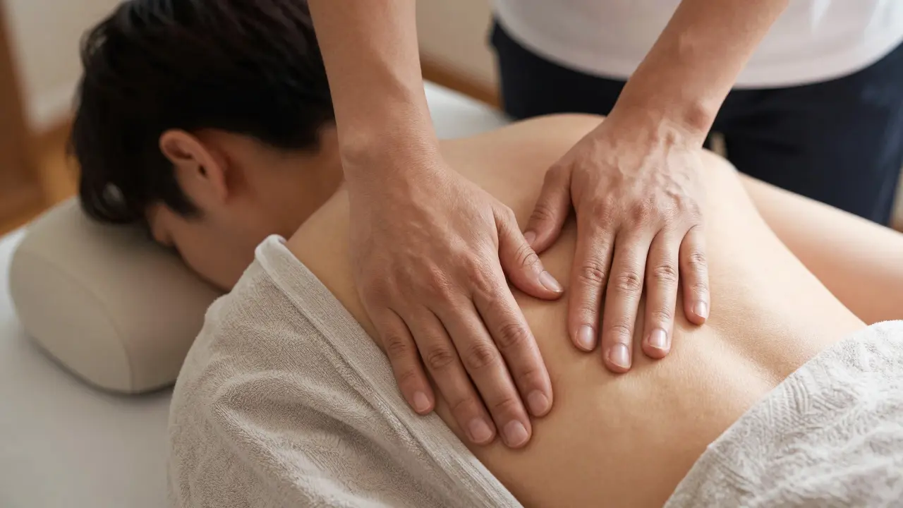 Manos de terapeuta aplicando técnica Shiatsu sobre ropa