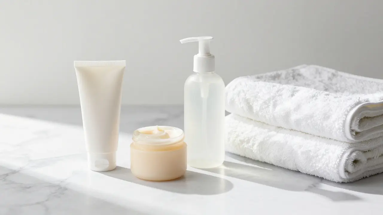 Productos de higiene y lubricante dispuestos estéticamente en mármol