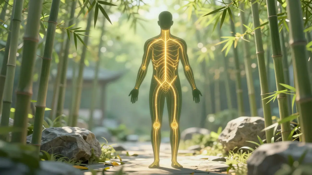 Silueta humana con meridianos de energía brillantes y equilibrados