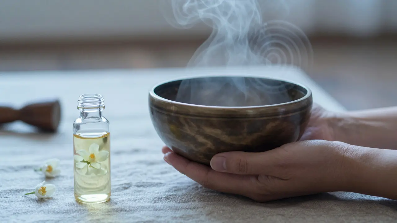 Bowl tibetano sonoro y aceites esenciales para relajación profunda