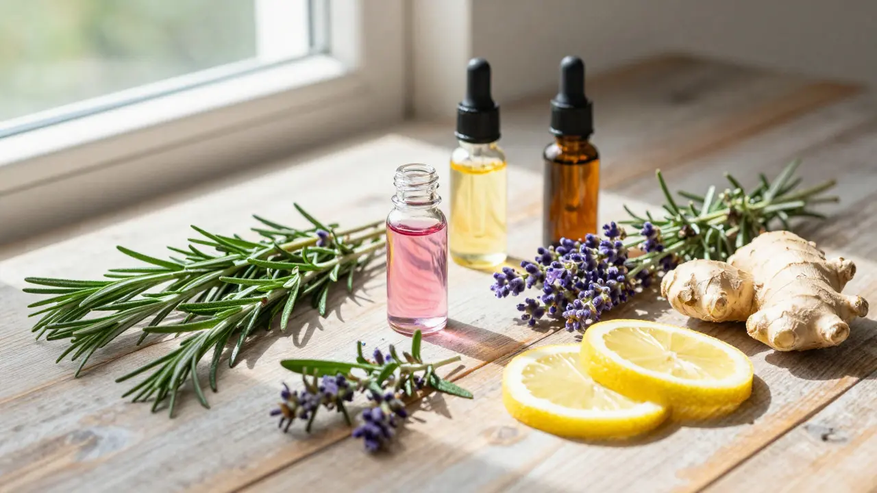 Composición de hierbas frescas como lavanda y romero junto a frascos de aceites esenciales sobre madera.