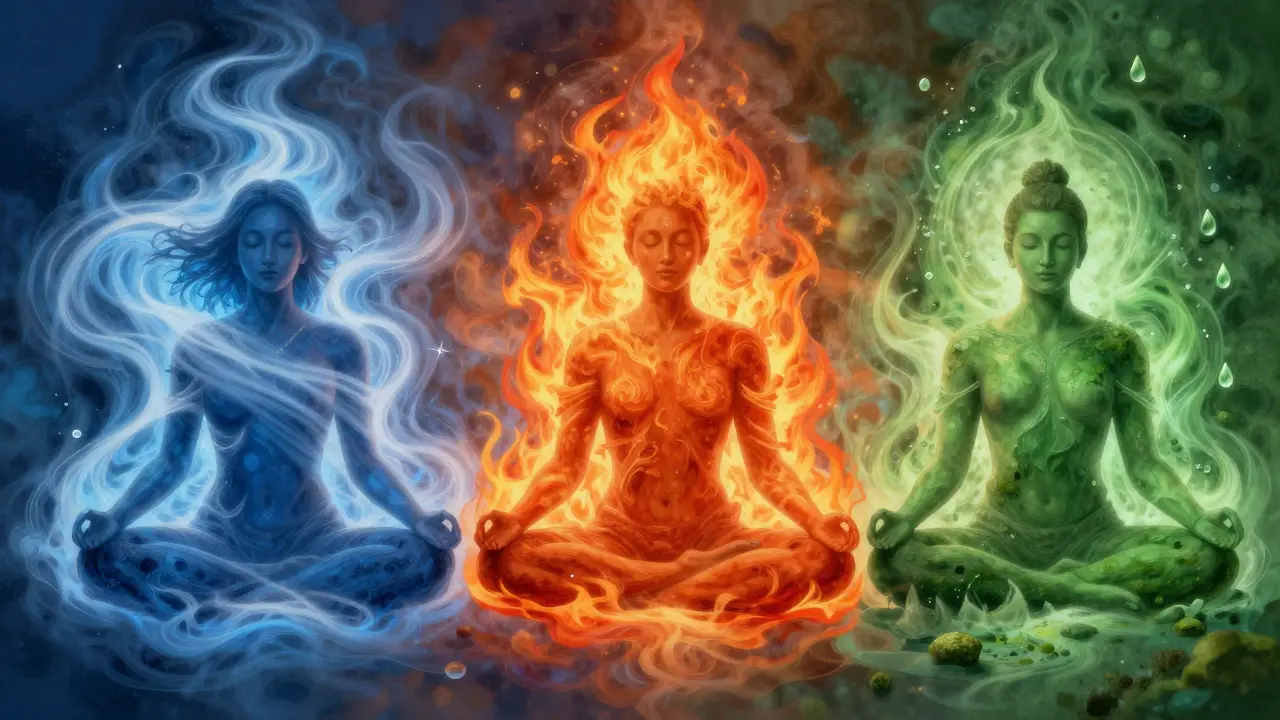 Ilustración artística de los tres Doshas: Vata, Pitta y Kapha