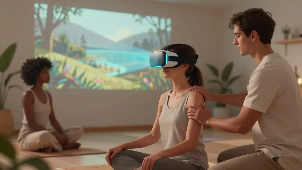 Ilustración conceptual de bienestar futuro con tecnología y tacto