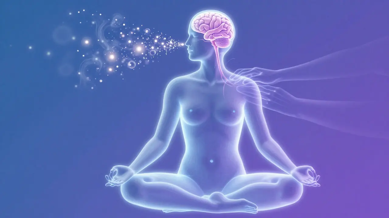 Ilustración conceptual que muestra cómo el aroma y el tacto afectan al sistema nervioso y la relajación.