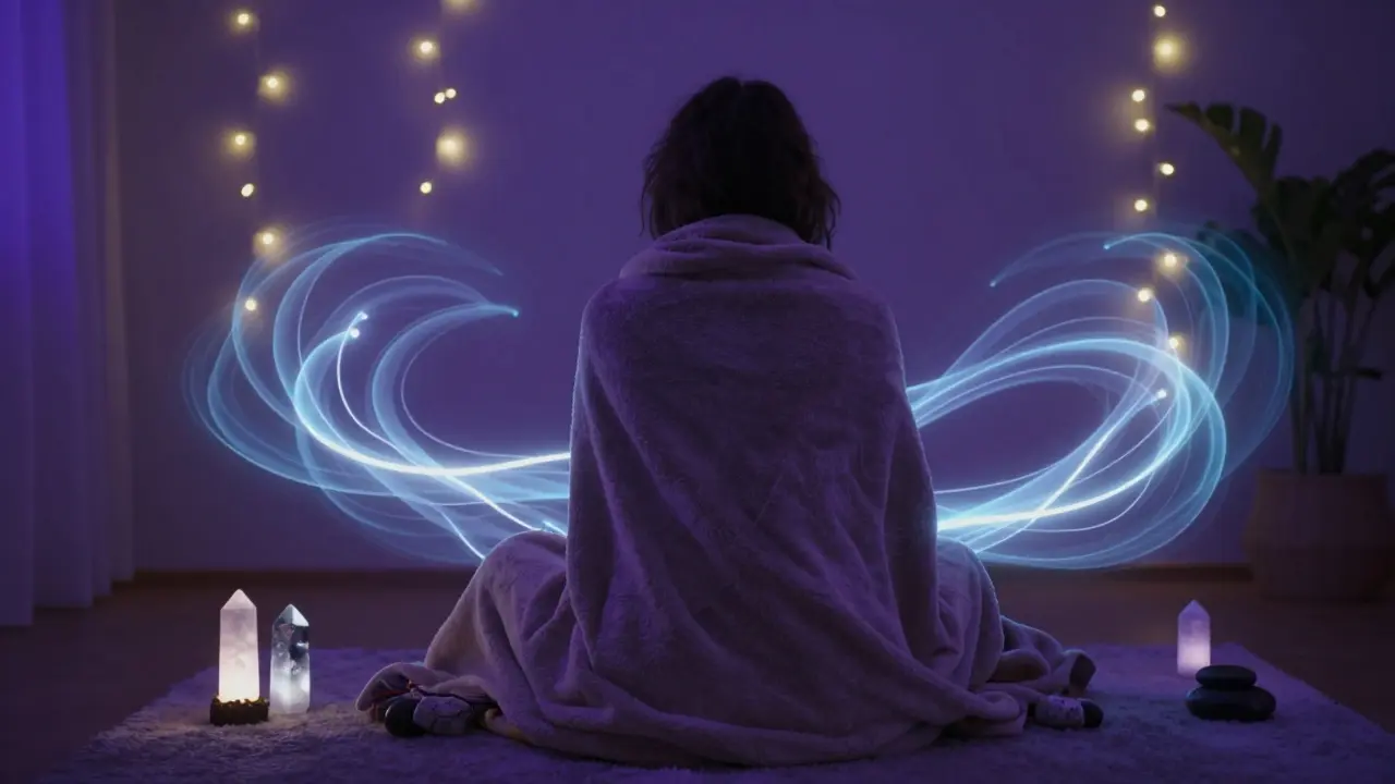 Persona meditando con luz suave simbolizando flujo de energía