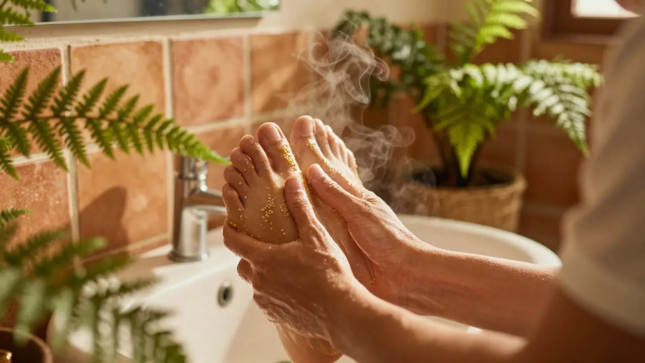 Persona realizando auto-masaje en pies con aceite en baño soleado