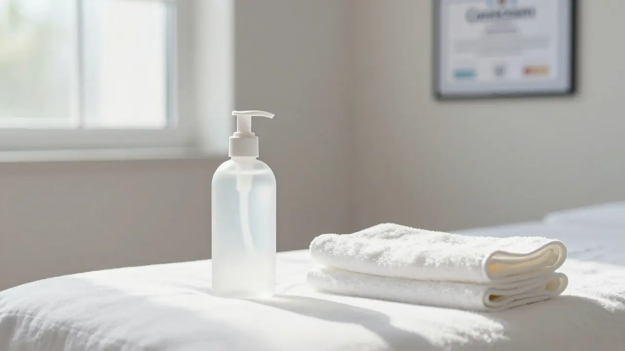 Primer plano de toallas limpias y gel antibacterial en una mesa de masaje profesional