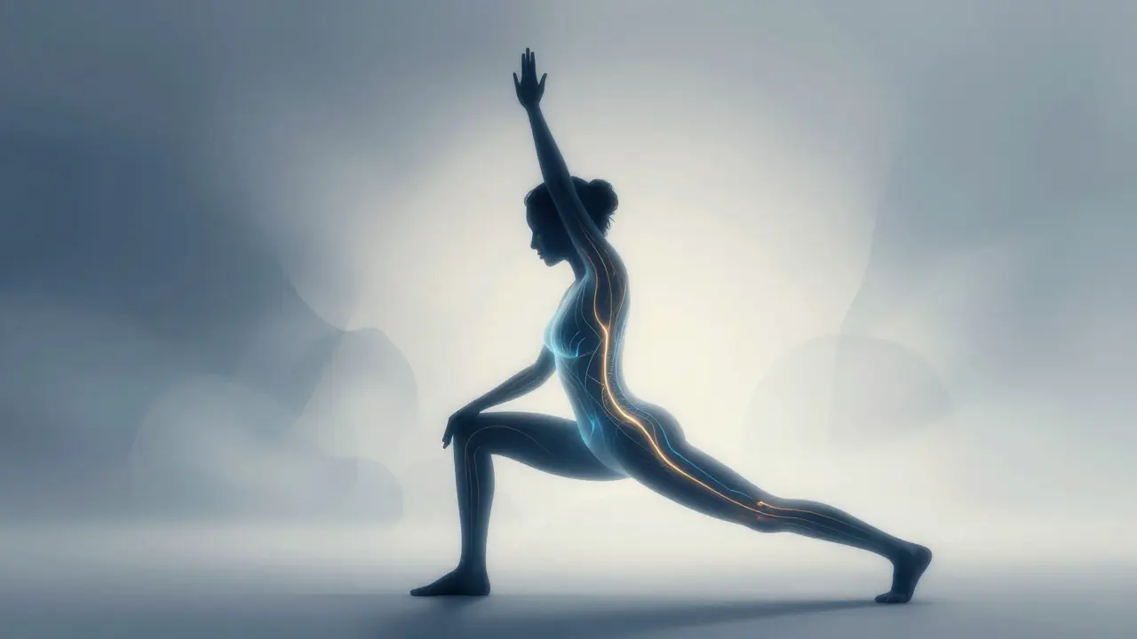Silueta en postura de yoga con líneas de energía brillante azul y dorada