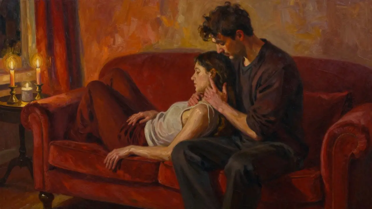 Hombre aplicando presión en los hombros de su pareja en un ambiente acogedor