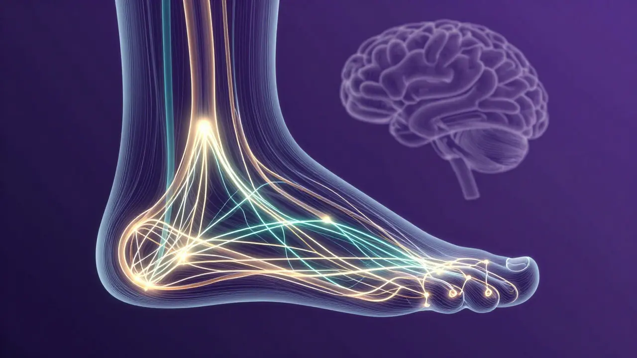 Ilustración artística de la conexión neuronal entre pies y cerebro