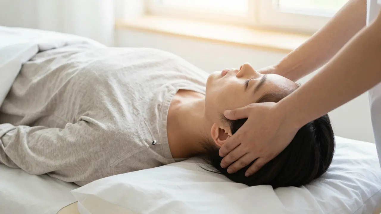 Manos de terapeuta aplicando presión mínima y suave en la cabeza de un paciente relajado