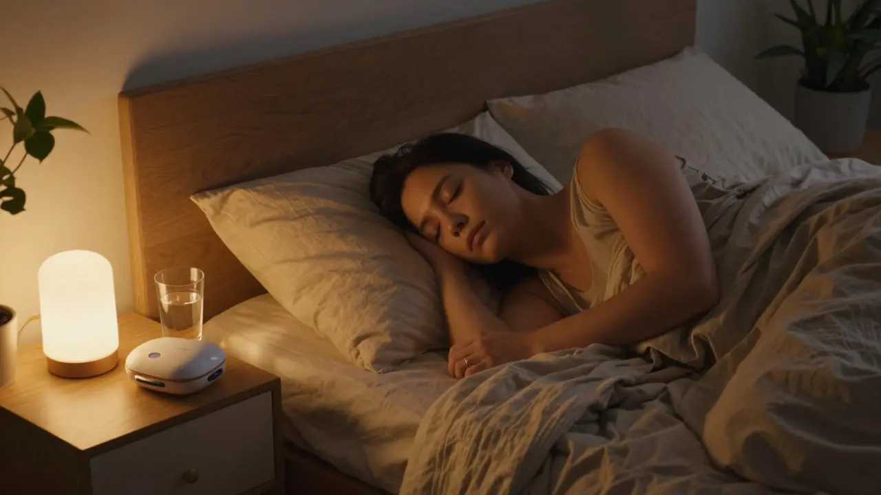 Persona relajada en la cama con luz cálida y estuche de viaje en la mesita