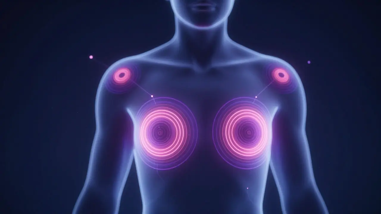 Silueta humana translúcida con luces violetas que representan tecnología háptica